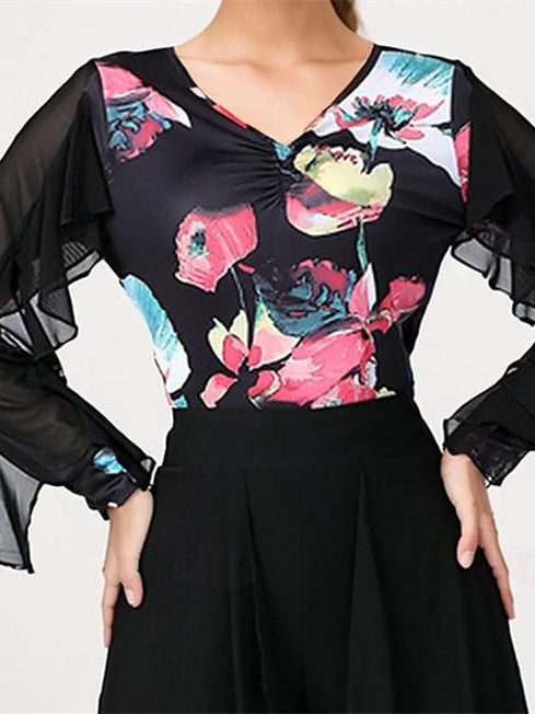 Danse Latine pour Femmes, Danse de Salon, Manches Longues, Polyester Haut, Tulle Épissé, Performance pour Femmes