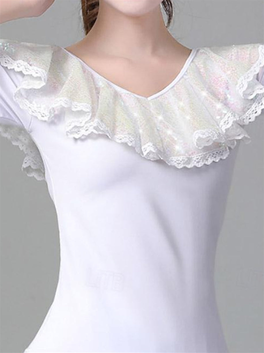 Danse Latine pour Femmes, Danse de Salon, Manches Courtes, Tulle à Épissure en Polyester Haut de Gamme, Performance pour Femmes