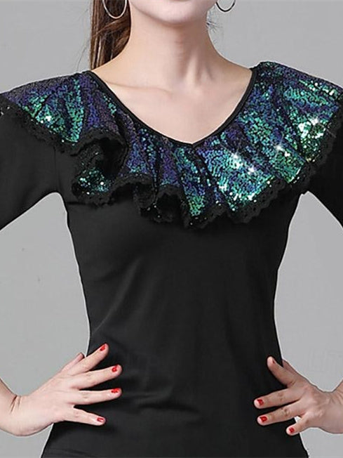 Danse Latine pour Femmes, Danse de Salon, Manches Courtes, Tulle à Épissure en Polyester Haut de Gamme, Performance pour Femmes