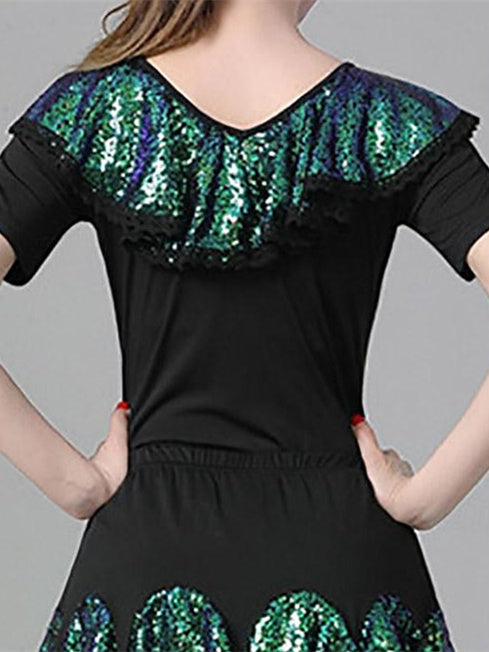 Danse Latine pour Femmes, Danse de Salon, Manches Courtes, Tulle à Épissure en Polyester Haut de Gamme, Performance pour Femmes