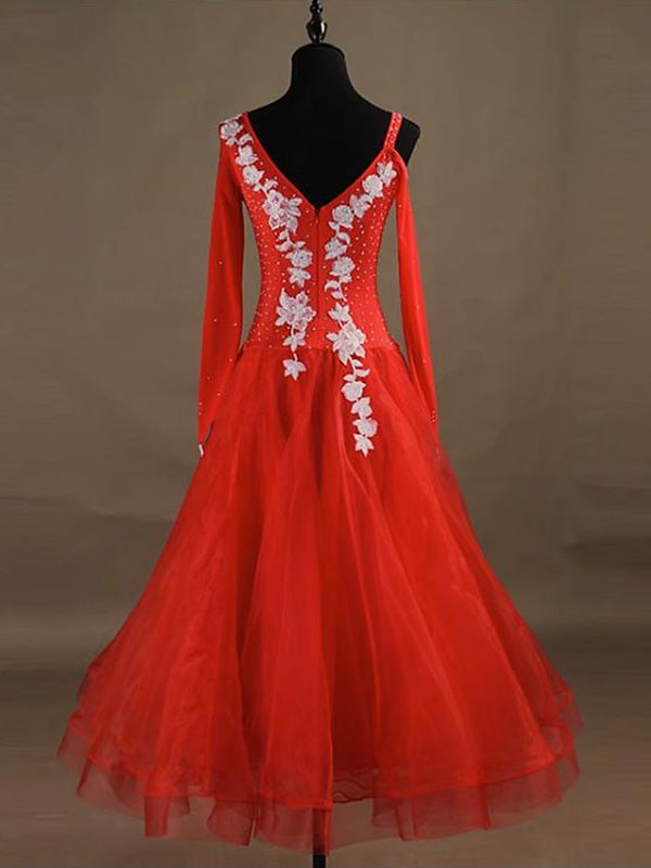 Vêtements de Danse pour Femmes Robe de Danse Latine Chinlon Organza Performance pour Femmes à Manches Longues