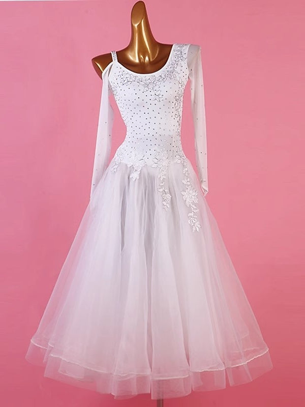 Vêtements de Danse pour Femmes Robe de Danse Latine Chinlon Organza Performance pour Femmes à Manches Longues