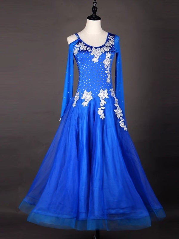 Vêtements de Danse pour Femmes Robe de Danse Latine Chinlon Organza Performance pour Femmes à Manches Longues