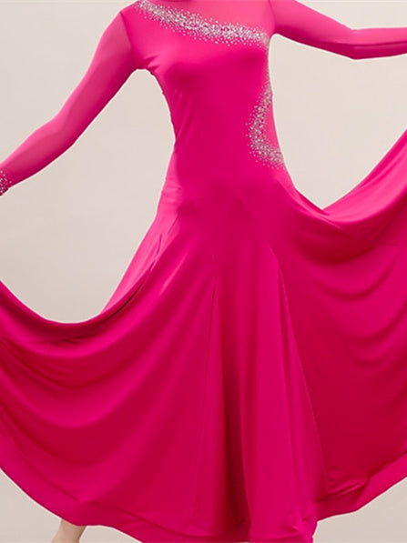 Robe de Danse de Salon en Soie Glacée à Manches Longues avec Strass pour Femme