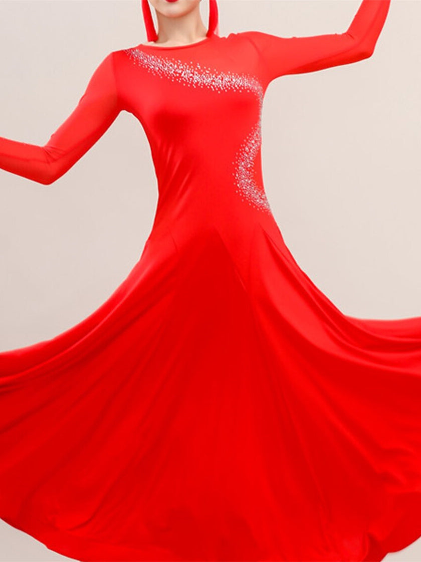 Robe de Danse de Salon en Soie Glacée à Manches Longues avec Strass pour Femme