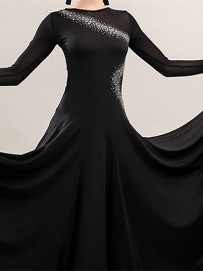 Robe de Danse de Salon en Soie Glacée à Manches Longues avec Strass pour Femme