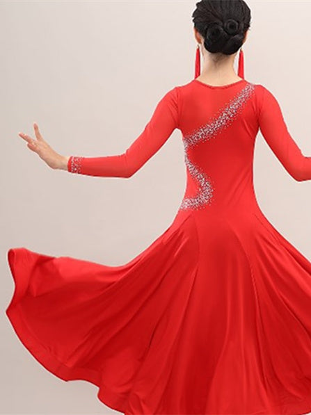 Robe de Danse de Salon en Soie Glacée à Manches Longues avec Strass pour Femme