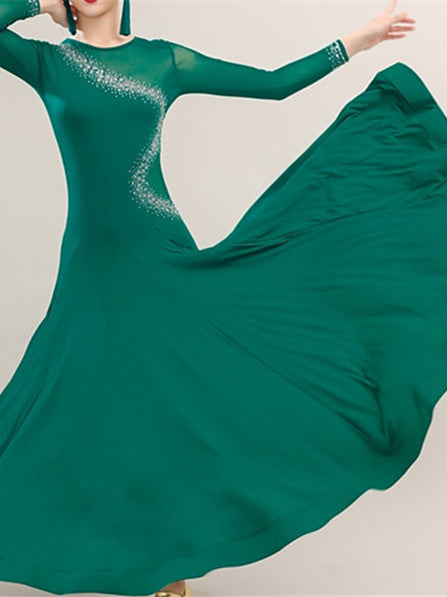 Robe de Danse de Salon en Soie Glacée à Manches Longues avec Strass pour Femme