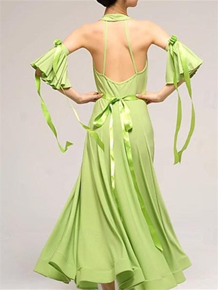 Robe de Danse de Salon en Coton Cristal Sans Manches pour Femme avec Épissure de Couleur Pure