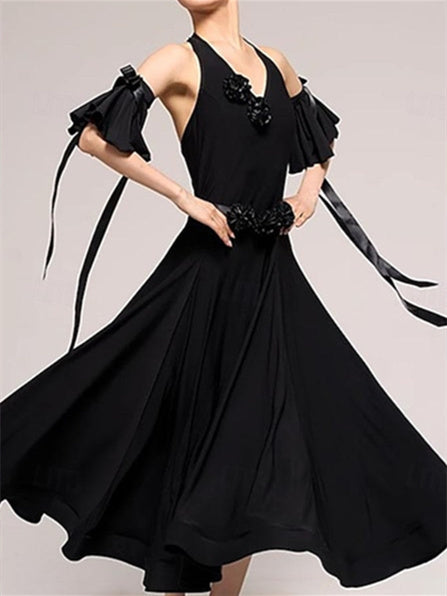 Robe de Danse de Salon en Coton Cristal Sans Manches pour Femme avec Épissure de Couleur Pure