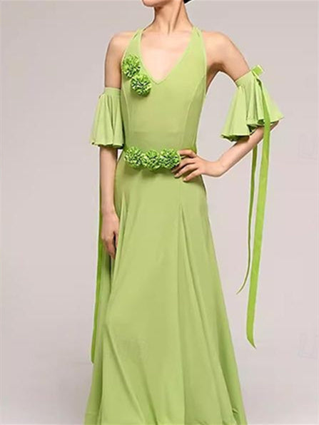 Robe de Danse de Salon en Coton Cristal Sans Manches pour Femme avec Épissure de Couleur Pure