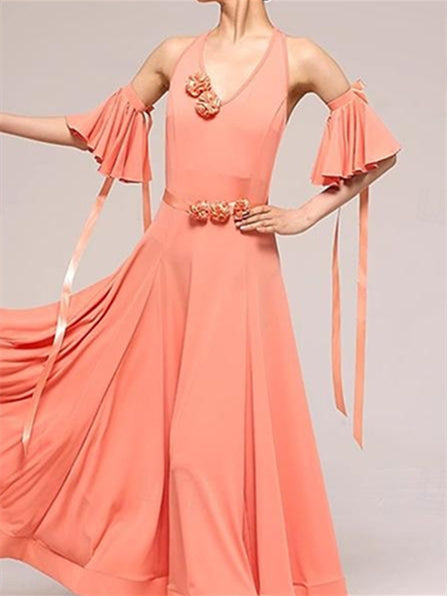 Robe de Danse de Salon en Coton Cristal Sans Manches pour Femme avec Épissure de Couleur Pure