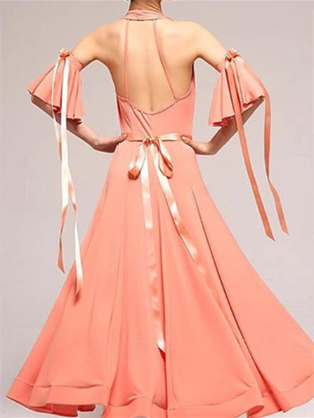 Robe de Danse de Salon en Coton Cristal Sans Manches pour Femme avec Épissure de Couleur Pure