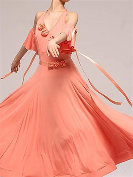 Robe de Danse de Salon en Coton Cristal Sans Manches pour Femme avec Épissure de Couleur Pure