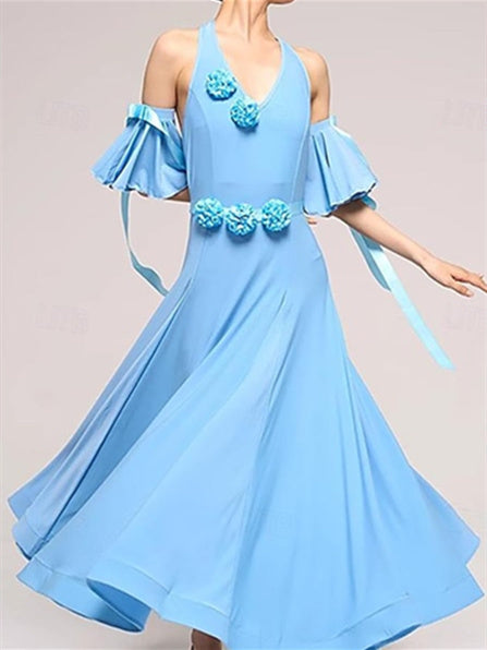 Robe de Danse de Salon en Coton Cristal Sans Manches pour Femme avec Épissure de Couleur Pure