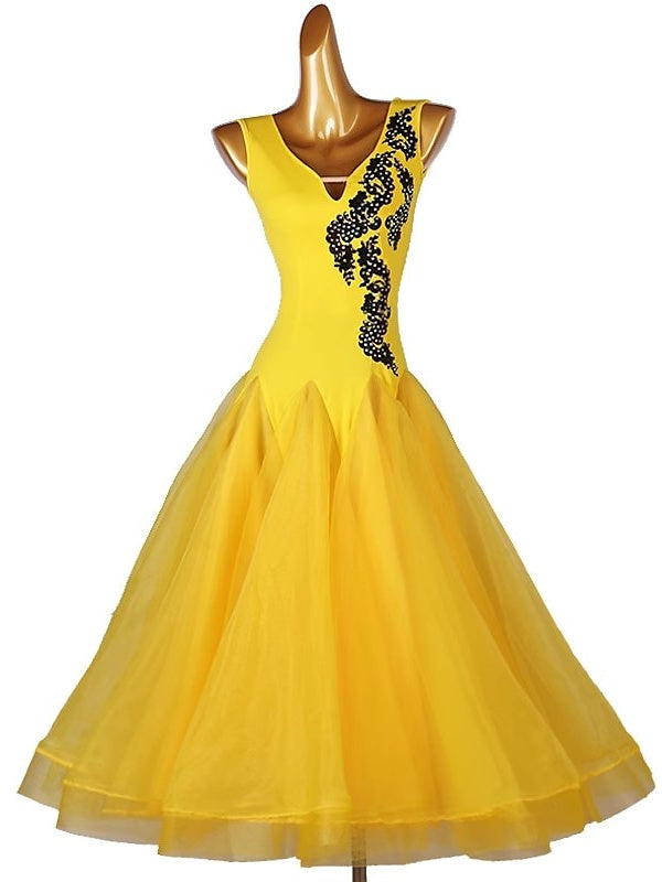 Robe de Danse de Salon en Organza et Chinlon pour Femme, Sans Manches, Cristaux/Strass