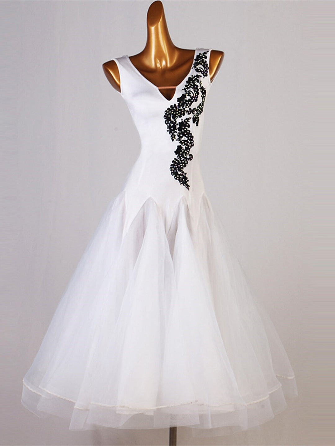 Robe de Danse de Salon en Organza et Chinlon pour Femme, Sans Manches, Cristaux/Strass