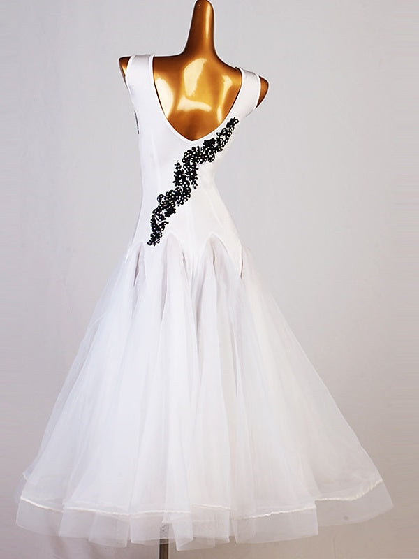 Robe de Danse de Salon en Organza et Chinlon pour Femme, Sans Manches, Cristaux/Strass