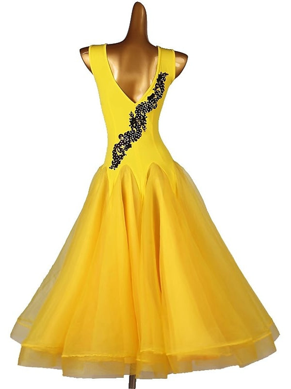 Robe de Danse de Salon en Organza et Chinlon pour Femme, Sans Manches, Cristaux/Strass