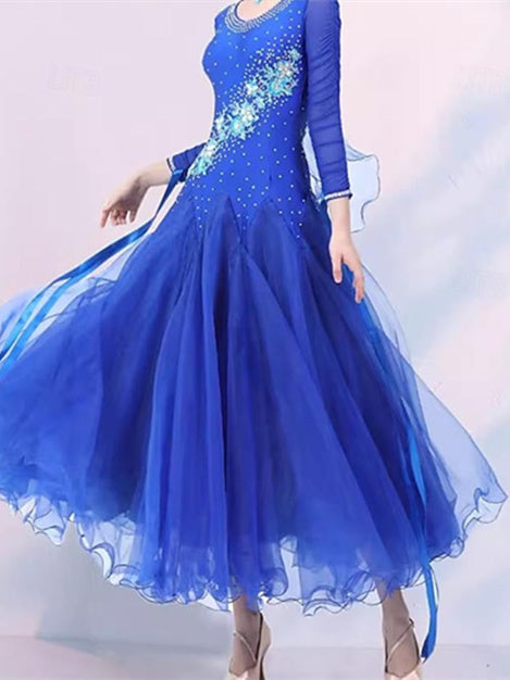 Vêtements de Danse pour Femmes Danse Latine Robe de Danse de Salon Broderie Épissage Cristaux/Strass Performance pour Femmes Soirée Manches Longues