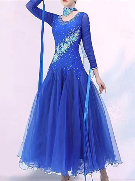 Vêtements de Danse pour Femmes Danse Latine Robe de Danse de Salon Broderie Épissage Cristaux/Strass Performance pour Femmes Soirée Manches Longues