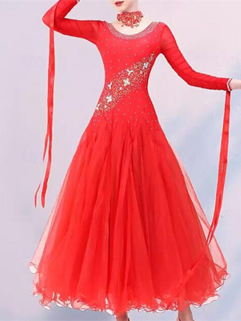Vêtements de Danse pour Femmes Danse Latine Robe de Danse de Salon Broderie Épissage Cristaux/Strass Performance pour Femmes Soirée Manches Longues