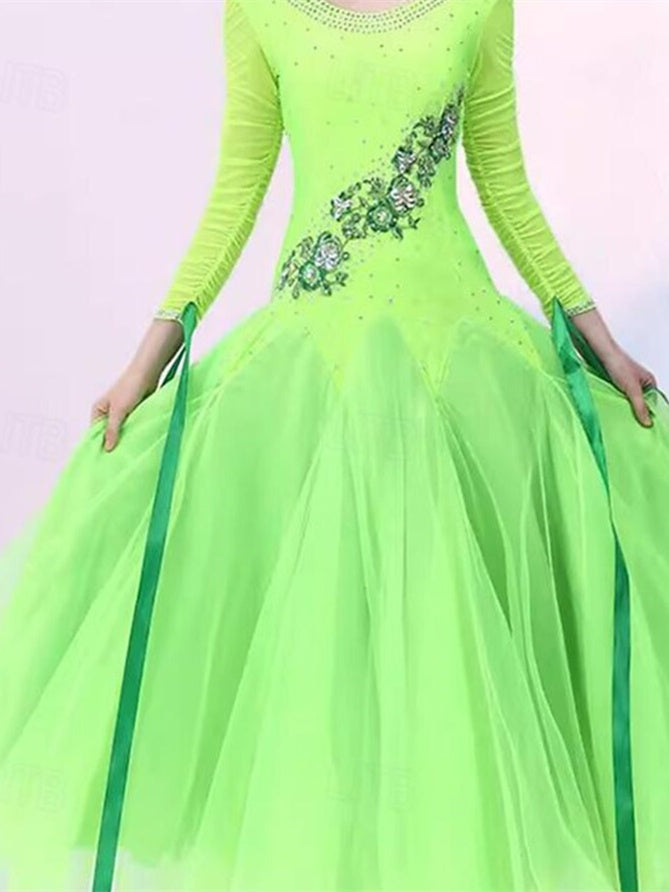 Vêtements de Danse pour Femmes Danse Latine Robe de Danse de Salon Broderie Épissage Cristaux/Strass Performance pour Femmes Soirée Manches Longues