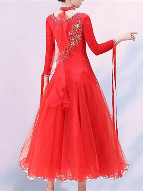 Vêtements de Danse pour Femmes Danse Latine Robe de Danse de Salon Broderie Épissage Cristaux/Strass Performance pour Femmes Soirée Manches Longues