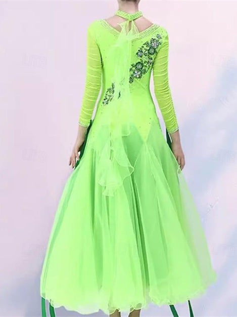 Vêtements de Danse pour Femmes Danse Latine Robe de Danse de Salon Broderie Épissage Cristaux/Strass Performance pour Femmes Soirée Manches Longues