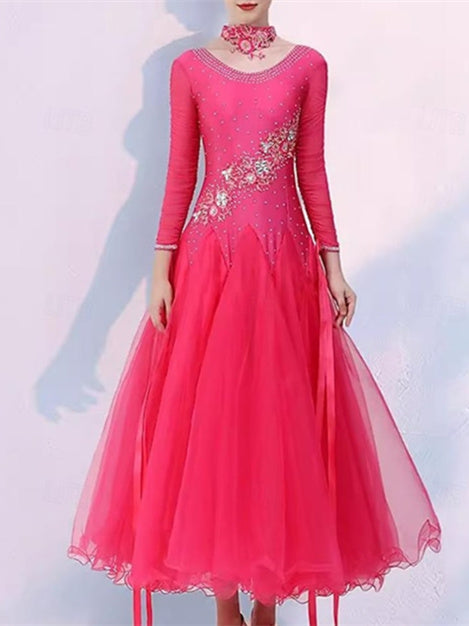 Vêtements de Danse pour Femmes Danse Latine Robe de Danse de Salon Broderie Épissage Cristaux/Strass Performance pour Femmes Soirée Manches Longues