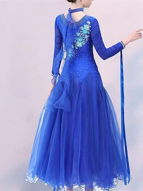 Vêtements de Danse pour Femmes Danse Latine Robe de Danse de Salon Broderie Épissage Cristaux/Strass Performance pour Femmes Soirée Manches Longues