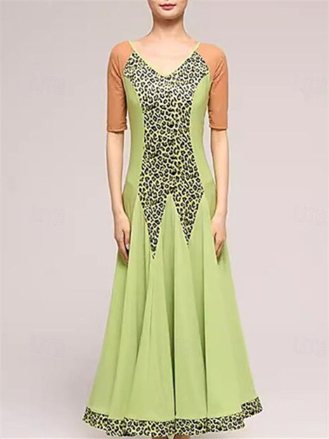 Robe de Danse de Salon pour Femmes, Imprimé Léopard, Épissure, Performance, Soirée, Manches Courtes