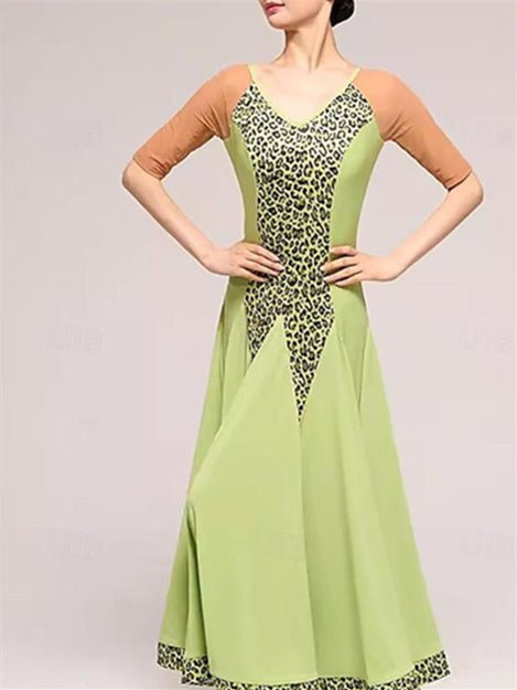 Robe de Danse de Salon pour Femmes, Imprimé Léopard, Épissure, Performance, Soirée, Manches Courtes