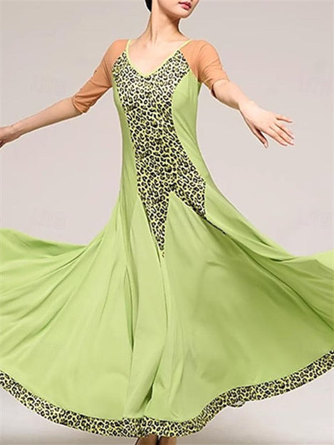 Robe de Danse de Salon pour Femmes, Imprimé Léopard, Épissure, Performance, Soirée, Manches Courtes