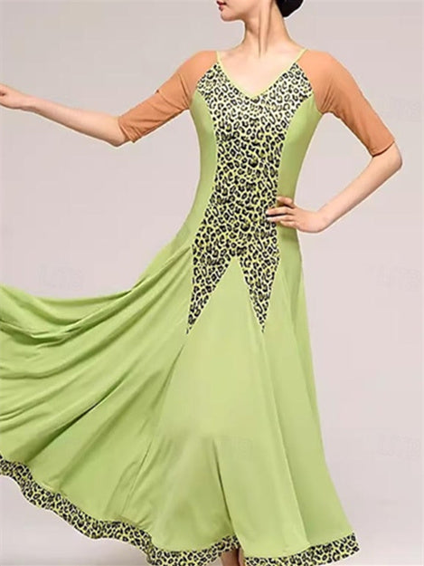 Robe de Danse de Salon pour Femmes, Imprimé Léopard, Épissure, Performance, Soirée, Manches Courtes