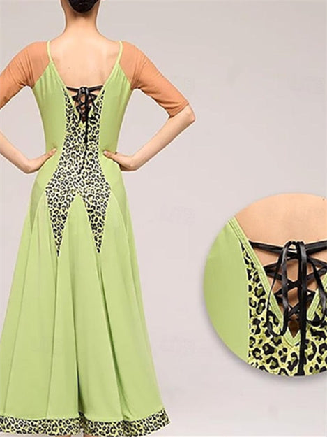 Robe de Danse de Salon pour Femmes, Imprimé Léopard, Épissure, Performance, Soirée, Manches Courtes