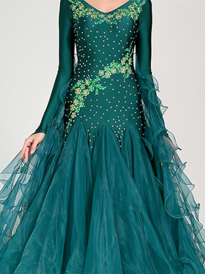 Robe de Danse de Salon pour Femmes, Broderie Strass, Performance à Manches Longues pour Femmes