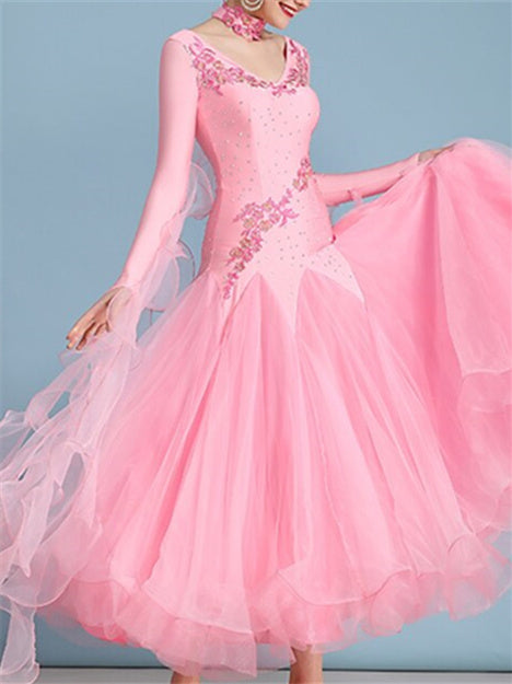 Robe de Danse de Salon pour Femmes, Broderie Strass, Performance à Manches Longues pour Femmes