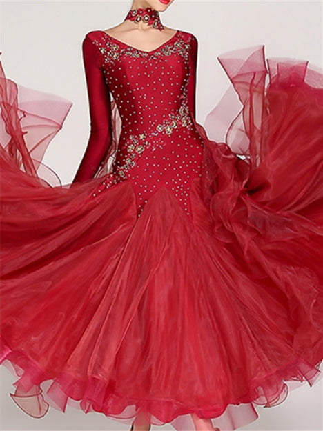 Robe de Danse de Salon pour Femmes, Broderie Strass, Performance à Manches Longues pour Femmes