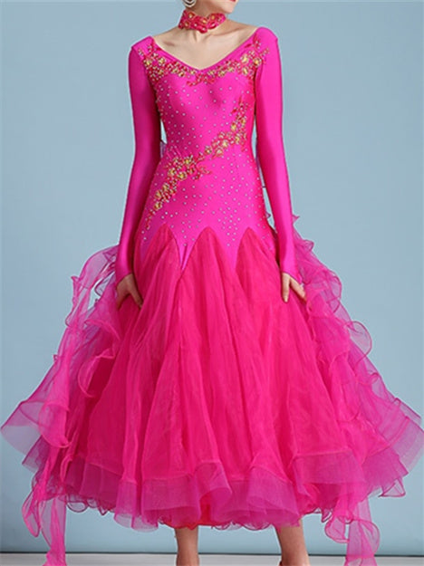 Robe de Danse de Salon pour Femmes, Broderie Strass, Performance à Manches Longues pour Femmes