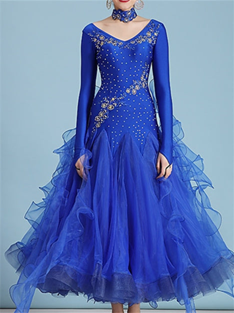 Robe de Danse de Salon pour Femmes, Broderie Strass, Performance à Manches Longues pour Femmes