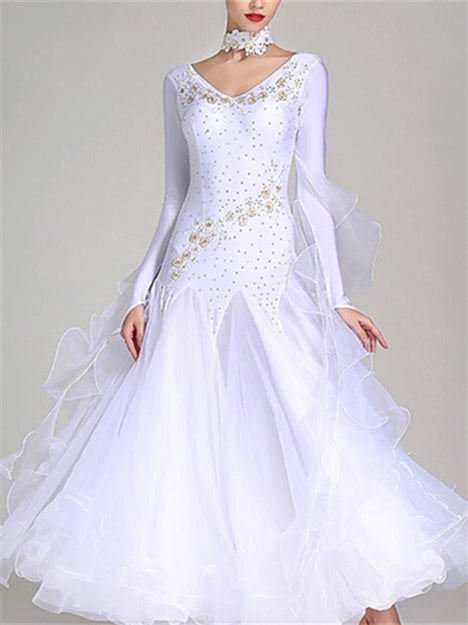 Robe de Danse de Salon pour Femmes, Broderie Strass, Performance à Manches Longues pour Femmes