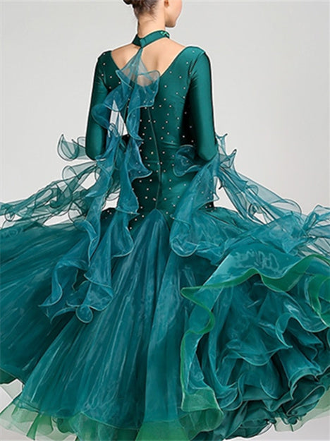 Robe de Danse de Salon pour Femmes, Broderie Strass, Performance à Manches Longues pour Femmes