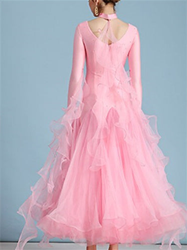 Robe de Danse de Salon pour Femmes, Broderie Strass, Performance à Manches Longues pour Femmes