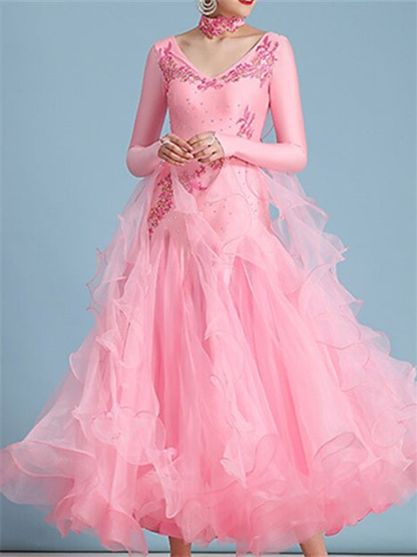 Robe de Danse de Salon pour Femmes, Broderie Strass, Performance à Manches Longues pour Femmes