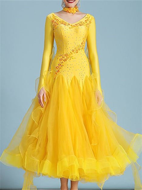 Robe de Danse de Salon pour Femmes, Broderie Strass, Performance à Manches Longues pour Femmes