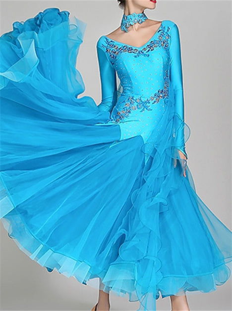 Robe de Danse de Salon pour Femmes, Broderie Strass, Performance à Manches Longues pour Femmes