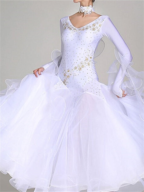 Robe de Danse de Salon pour Femmes, Broderie Strass, Performance à Manches Longues pour Femmes