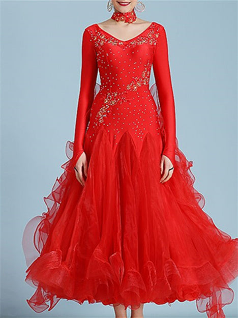 Robe de Danse de Salon pour Femmes, Broderie Strass, Performance à Manches Longues pour Femmes