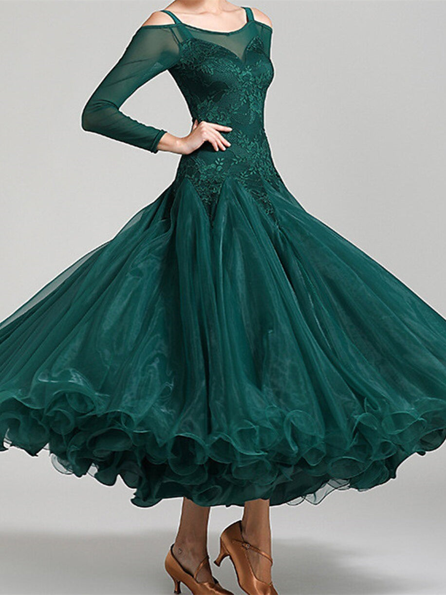 Robe de Danse de Salon pour Femmes, Couleur Unie, Manches Longues, pour Spectacle de Danse de Salon